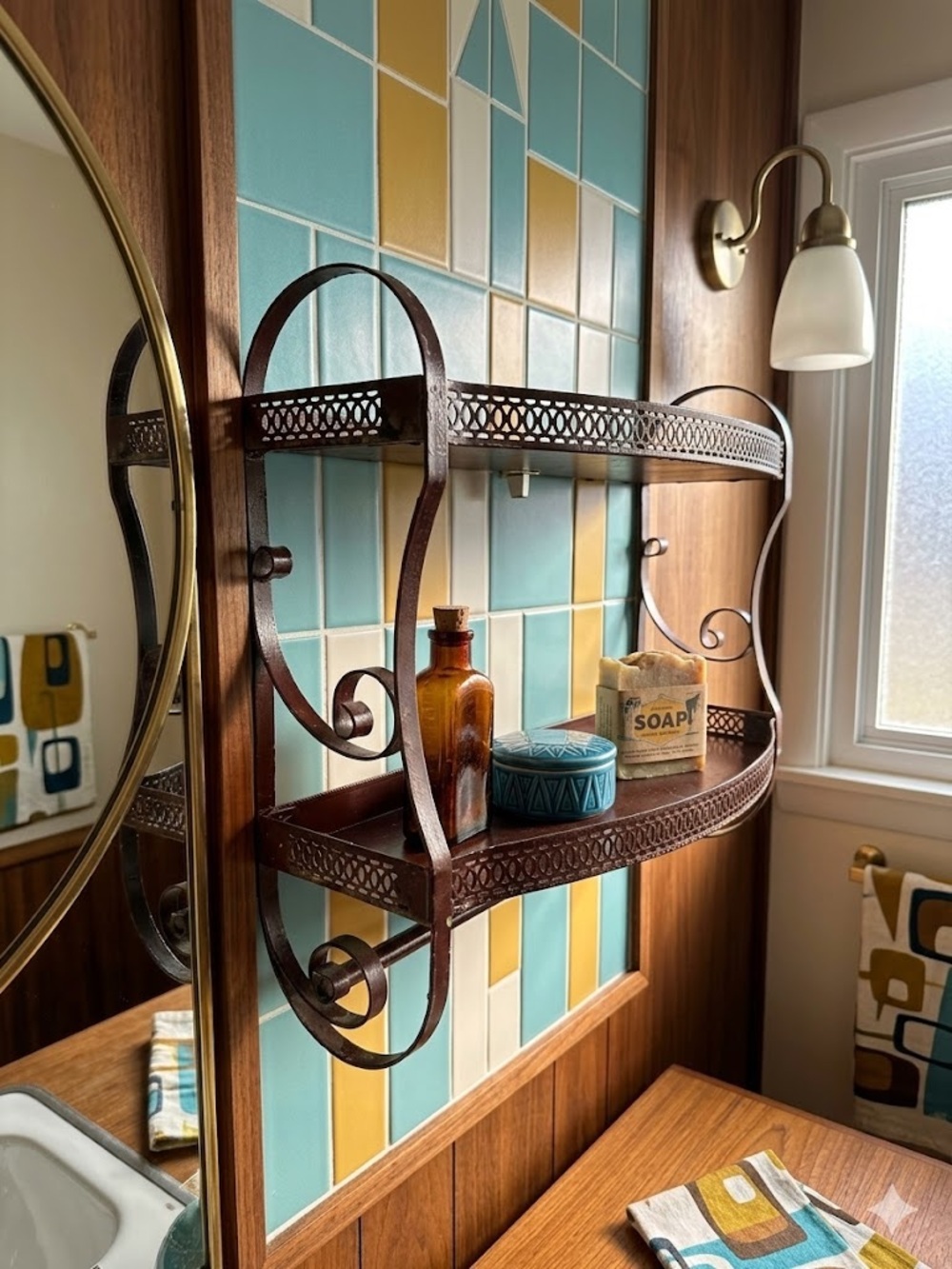 Vintage mcm metal bathroom shelf towel holder